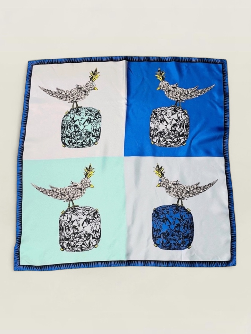 TIFFANY BIRD ON A ROCK INFINITY BLUE SILK SCARF ITALY